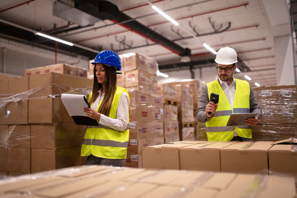 Warehouse-workers-using-bar-code-scanner